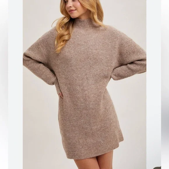Beige Ribbed Knit Cozy Sweater Dress - Picture 1 of 5